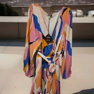 NWT Ava & Viv Women's Balloon Long Sleeve Abstract Woven Dress Sz 1x